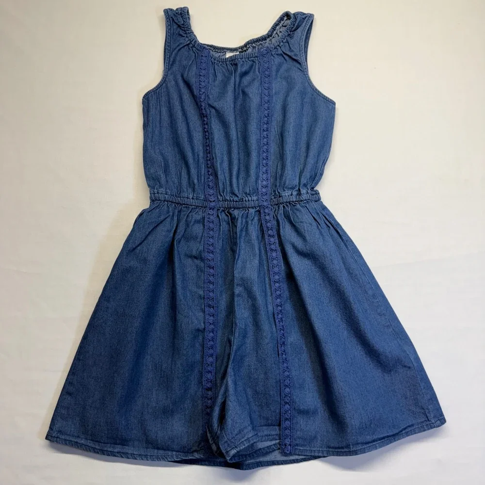 Justice Girls Size 7 Chambray Romper Dress Blue Skort Lace Trim Sleeveless Cute